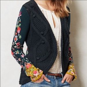 Embroidered Floral Sleeve Black Knit Cardigan Sweater